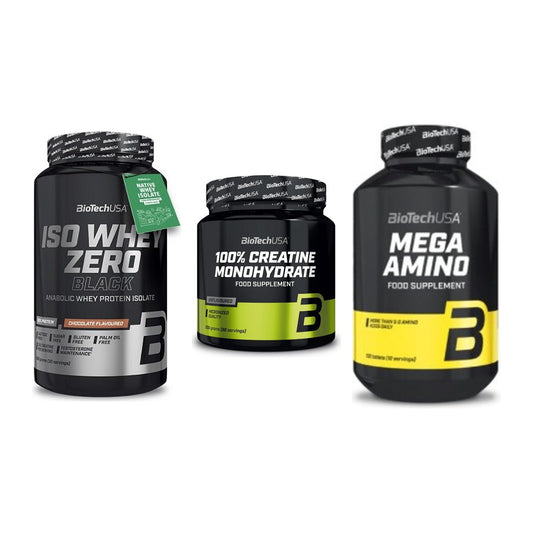 BioTech USA Marken-Trio: Iso Whey Zero + Creatine + Mega Amino – alle enthaltenen Artikel