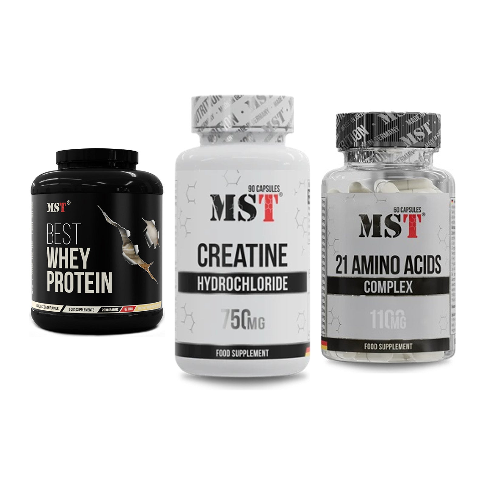 MST Marken-Trio: Best Whey Protein + Creatin HCL + 21 Amino Acids – alle enthaltenen Artikel
