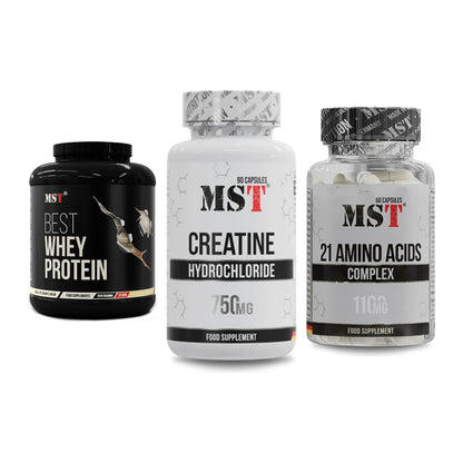 MST Marken-Trio: Best Whey Protein + Creatin HCL + 21 Amino Acids – alle enthaltenen Artikel