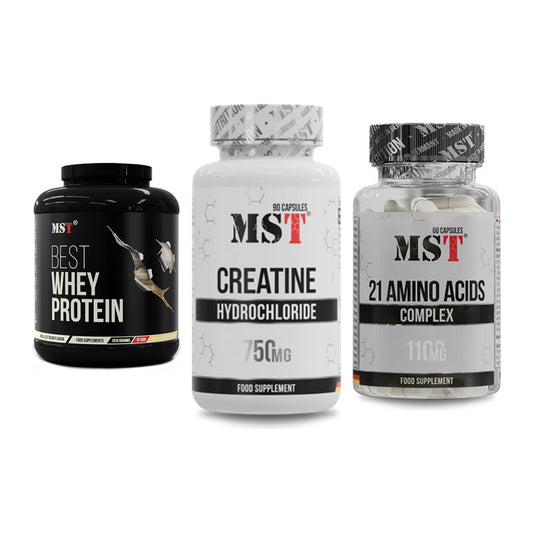 MST Marken-Trio: Best Whey Protein + Creatin HCL + 21 Amino Acids – alle enthaltenen Artikel