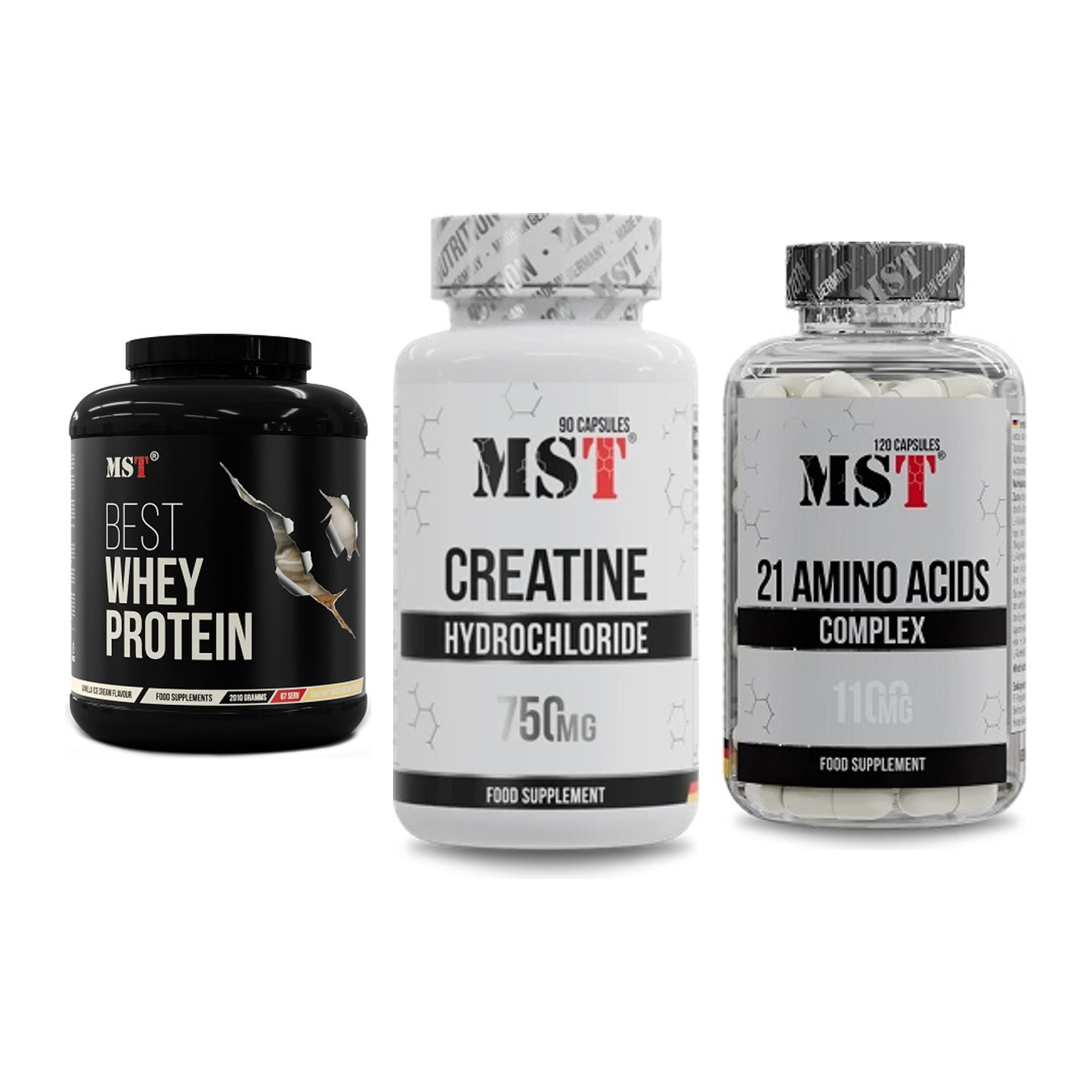 MST Marken-Trio: Best Whey Protein + Creatin HCL + 21 Amino Acids – alle enthaltenen Artikel