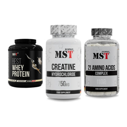 MST Marken-Trio: Best Whey Protein + Creatin HCL + 21 Amino Acids – alle enthaltenen Artikel