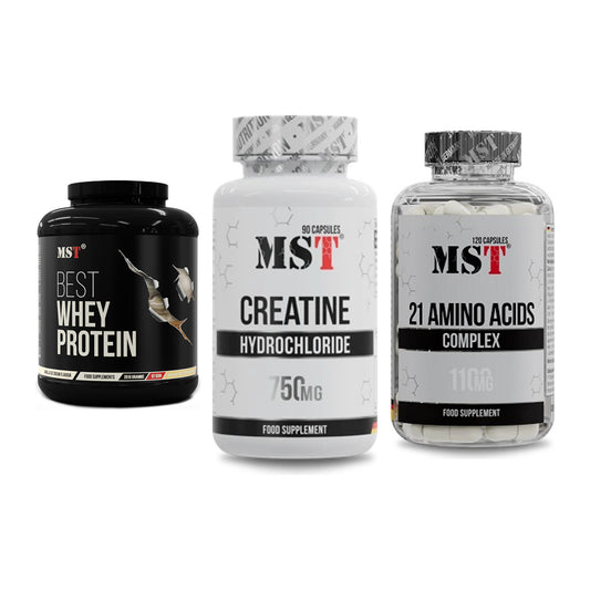 MST Marken-Trio: Best Whey Protein + Creatin HCL + 21 Amino Acids – alle enthaltenen Artikel