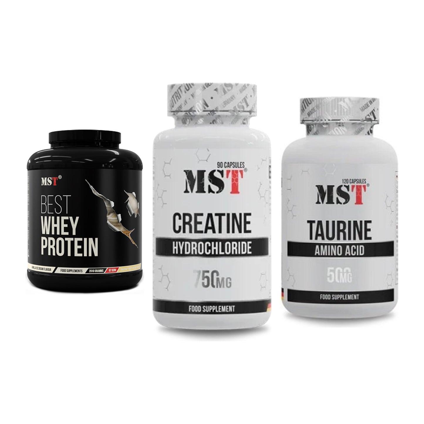 MST Marken-Trio: Best Whey + Creatin HCL + Taurine – alle enthaltenen Artikel