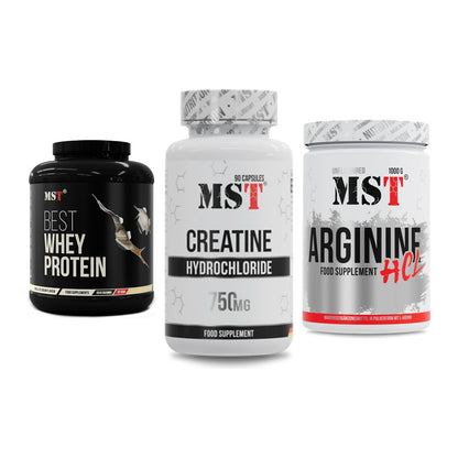 MST Marken-Trio: Best Whey Protein + Creatin HCL + Arginine HCL – alle enthaltenen Artikel