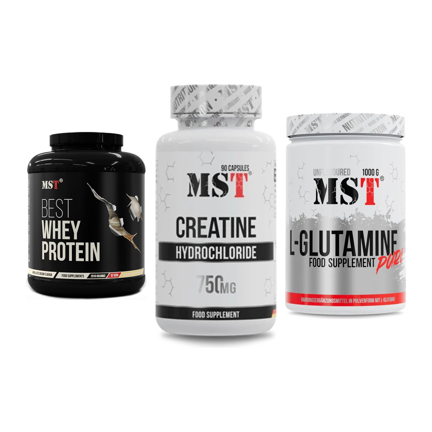 MST Marken-Trio: Best Whey Protein + Creatin HCL + Glutamine – alle enthaltenen Artikel