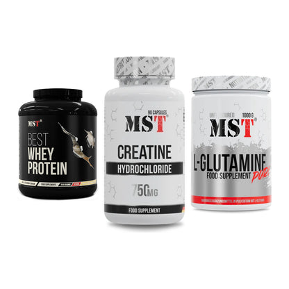 MST Marken-Trio: Best Whey Protein + Creatin HCL + Glutamine – alle enthaltenen Artikel
