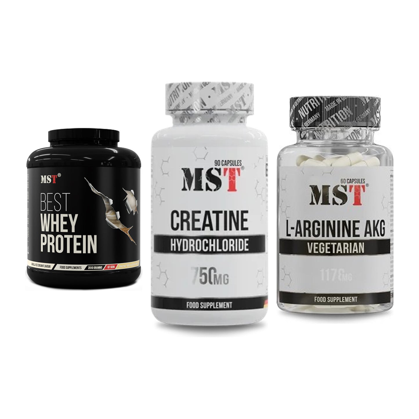 MST Marken-Trio: Best Whey + Creatin HCL + Arginin AAKG – alle enthaltenen Artikel