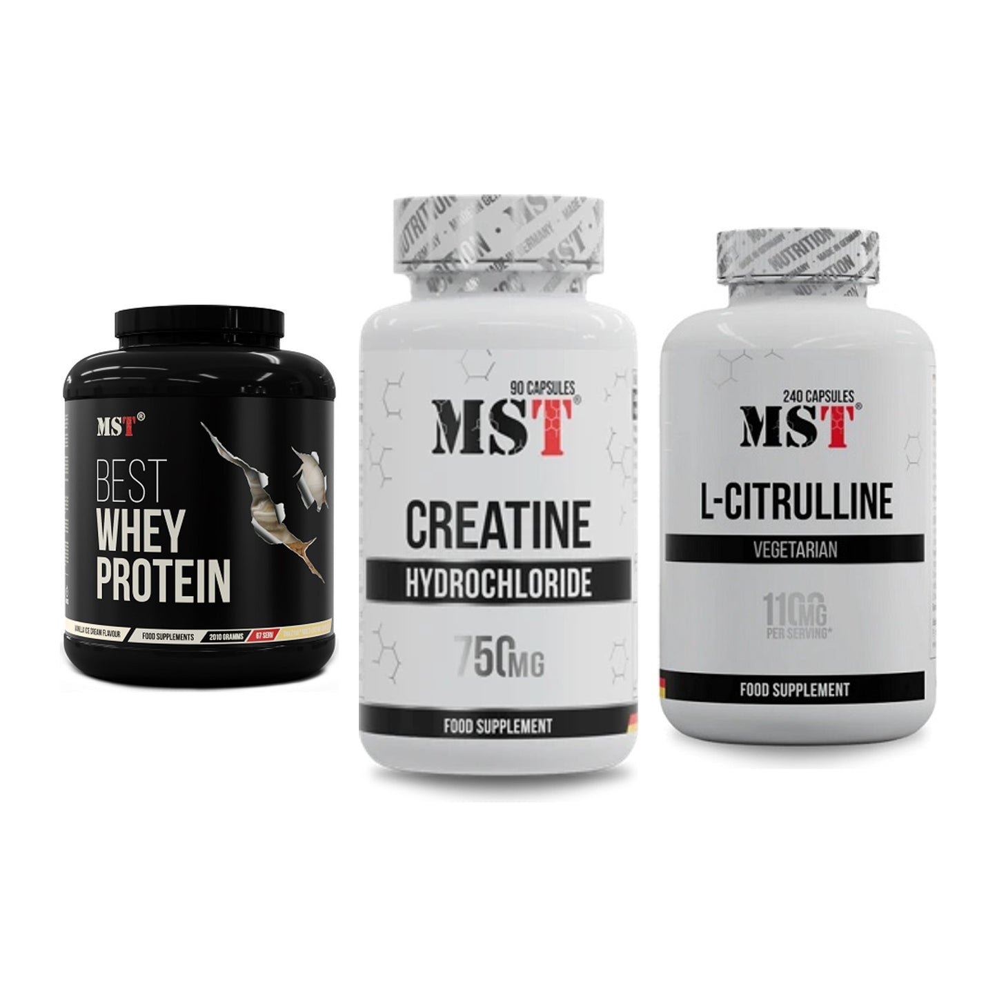 MST Marken-Trio: Best Whey Protein + Creatin HCL + Citrulline – alle enthaltenen Artikel