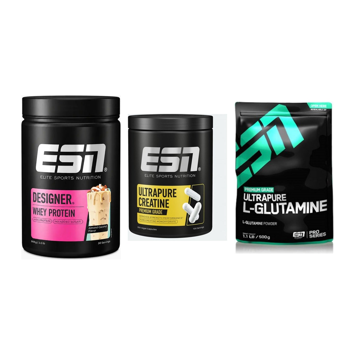 ESN Marken-Trio: Designer Whey + Ultrapure Creatine + 1 weitere – alle enthaltenen Artikel