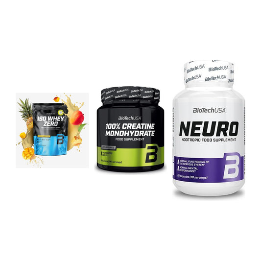 BioTech USA Marken-Trio: Iso Whey Zero + Creatine Monohydrate + Neuro – alle enthaltenen Artikel