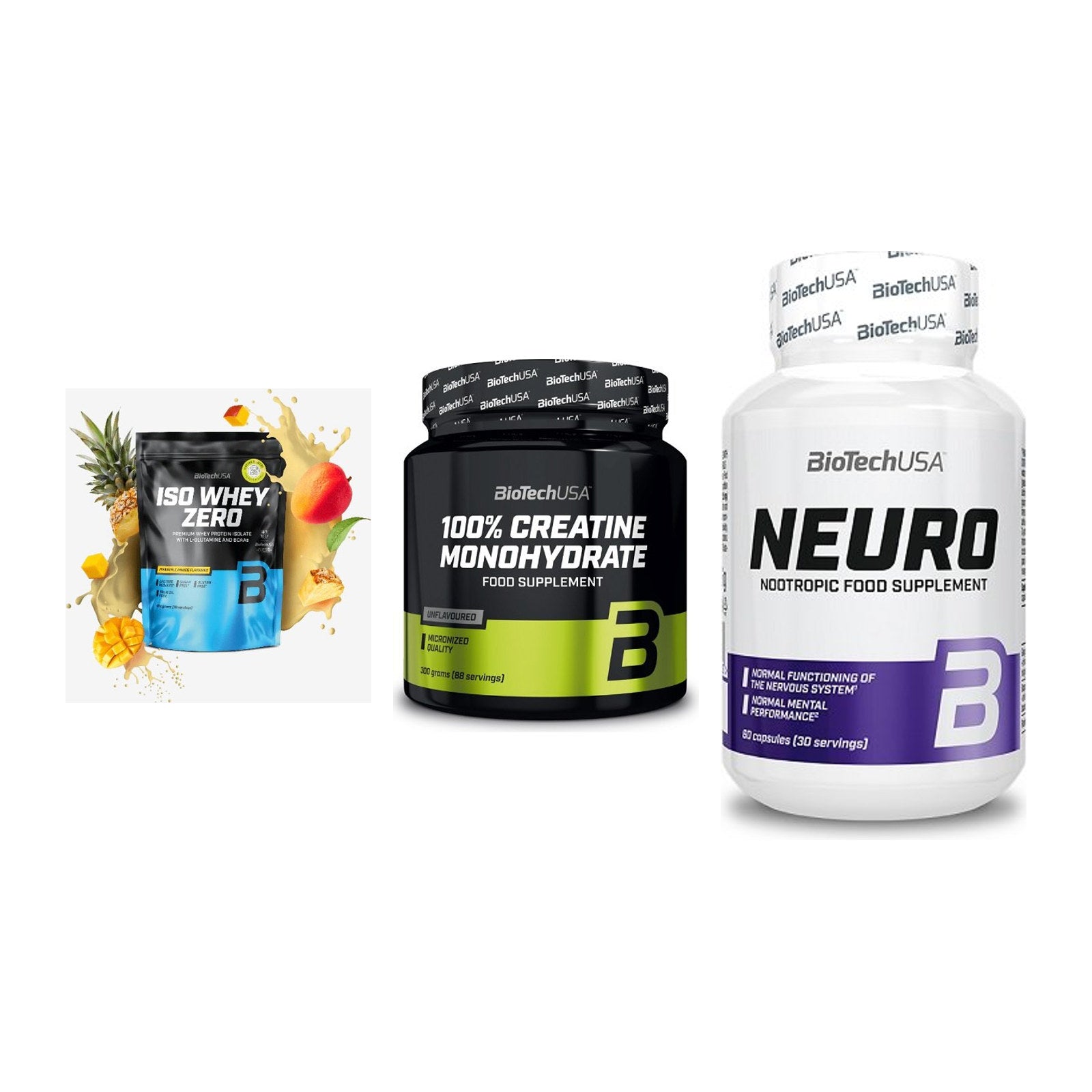 BioTech USA Marken-Trio: Iso Whey Zero + Creatine + Neuro – alle enthaltenen Artikel