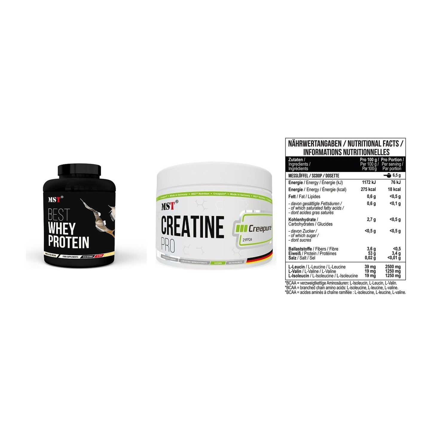 MST Marken-Trio: Best Whey Protein + Creatin Pro CREAPURE + BCAA Zero – alle enthaltenen Artikel