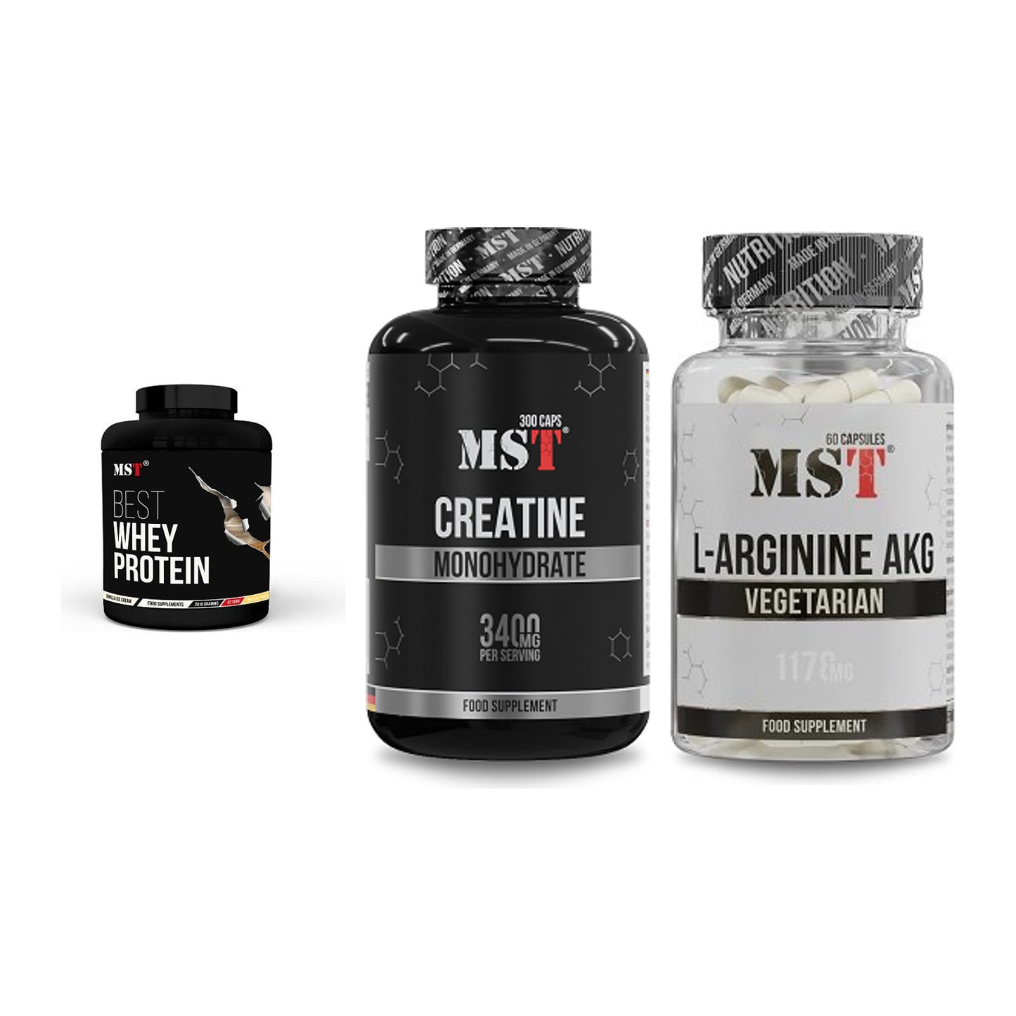 MST Marken-Trio: Best Whey + Creatine + Arginin AAKG – alle enthaltenen Artikel