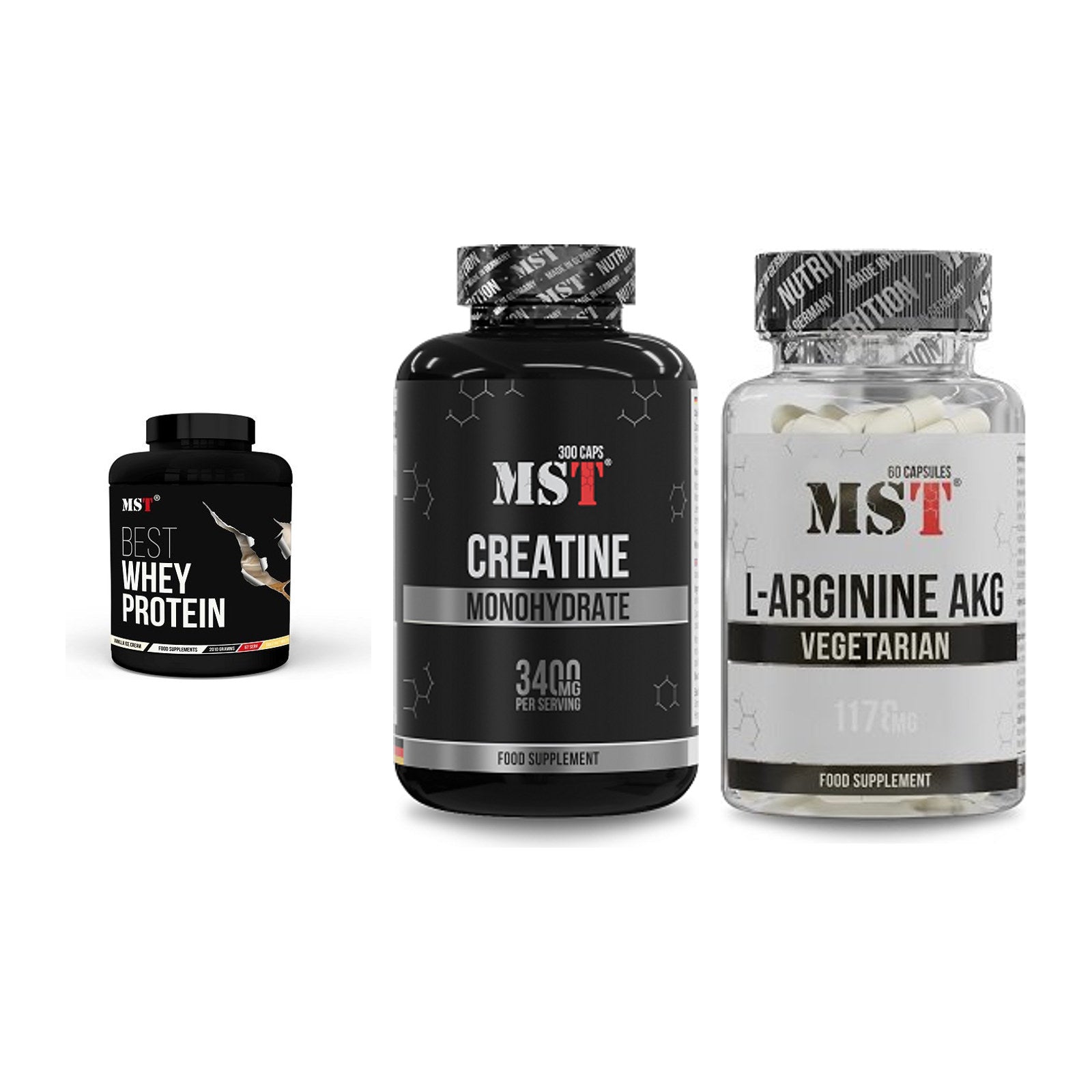 MST Marken-Trio: Best Whey + Creatine + Arginin AAKG – alle enthaltenen Artikel