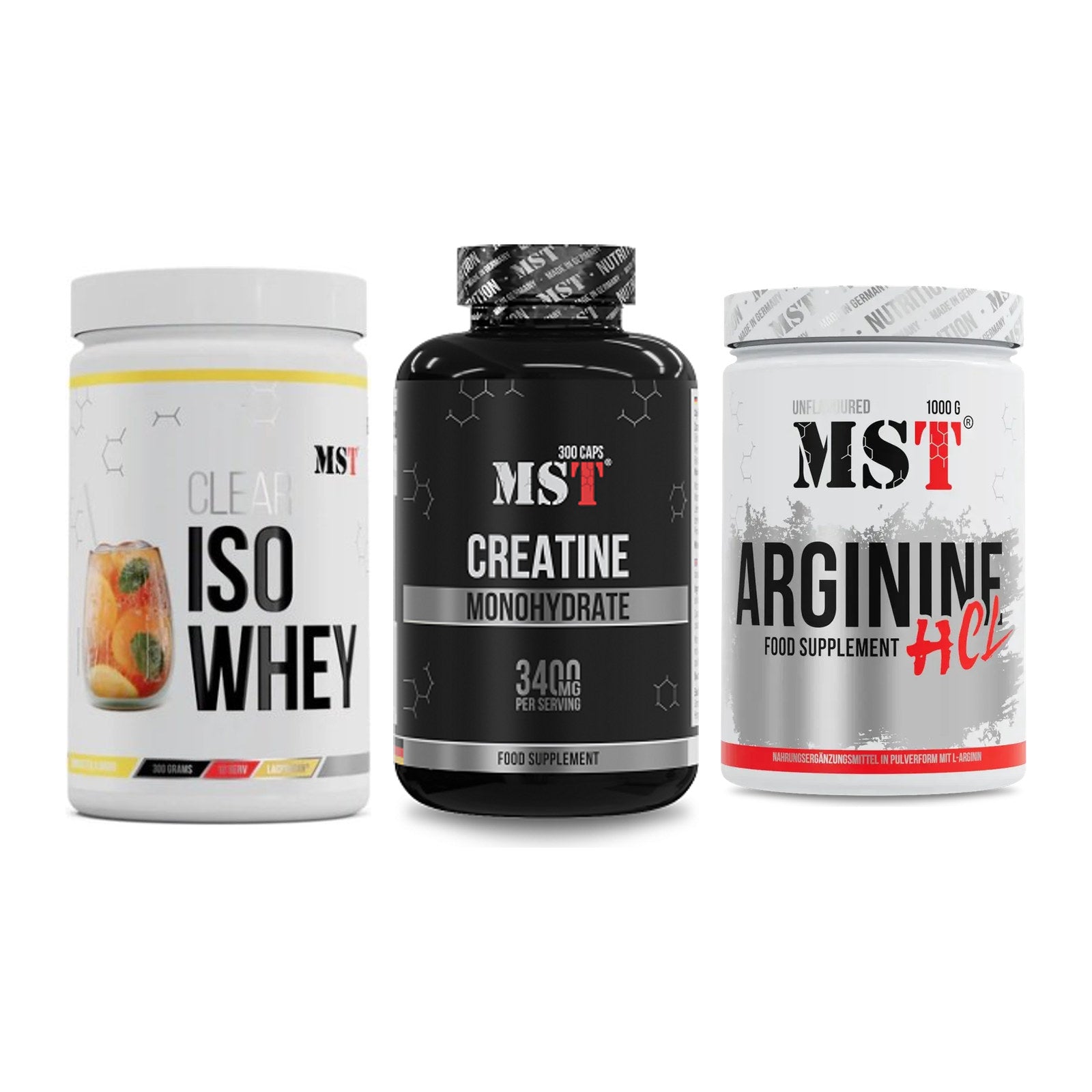 MST Marken-Trio: Iso Clear + Creatine Monohydrate + Arginine HCL – alle enthaltenen Artikel