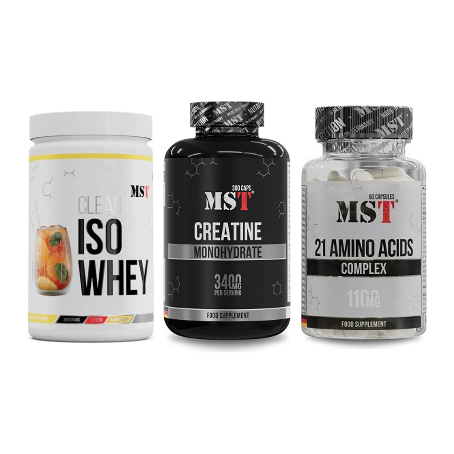 MST Marken-Trio: Iso Clear + Creatine Monohydrate + 21 Amino Acids – alle enthaltenen Artikel