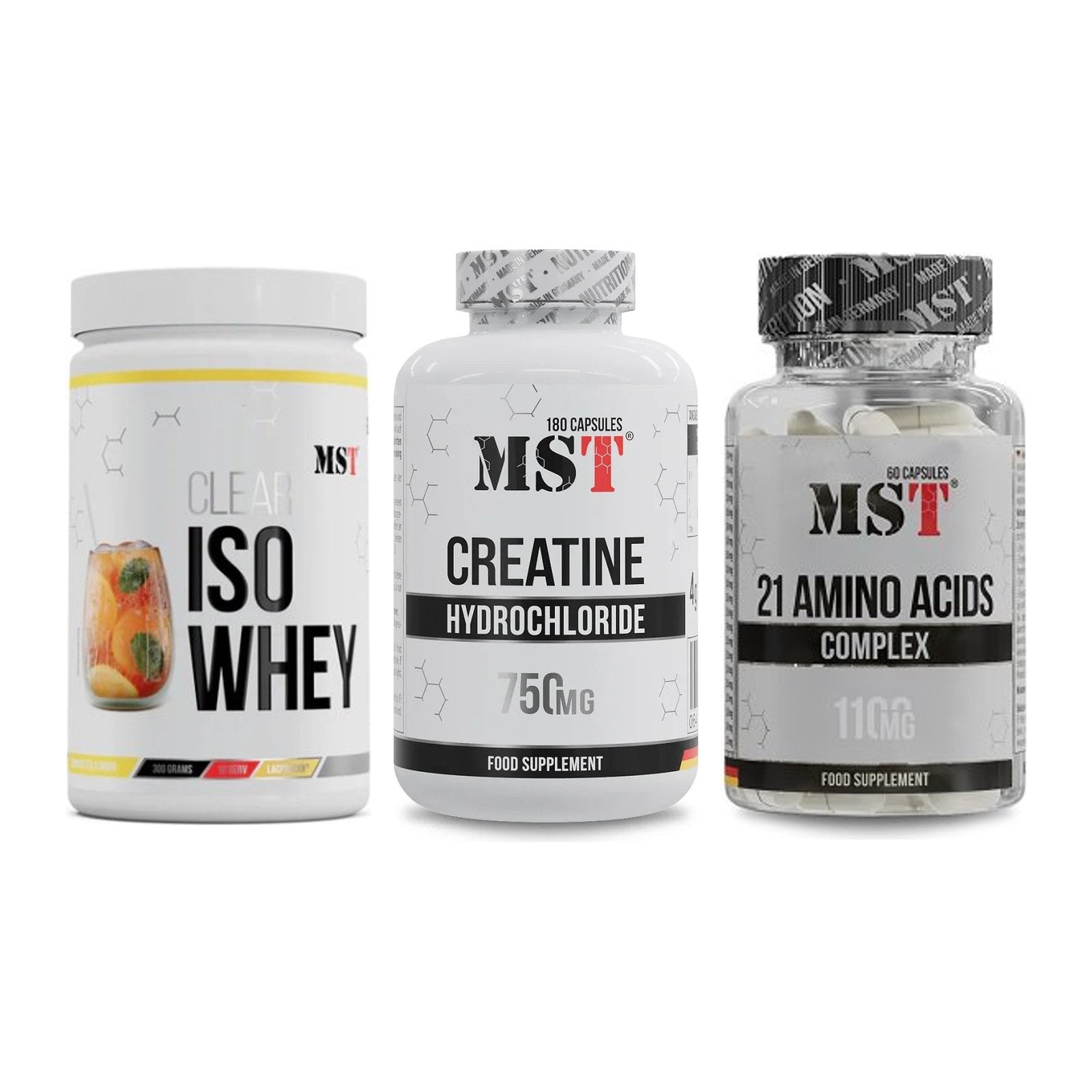 MST Marken-Trio: Iso Clear + Creatine HCL + 21 Amino Acids – alle enthaltenen Artikel