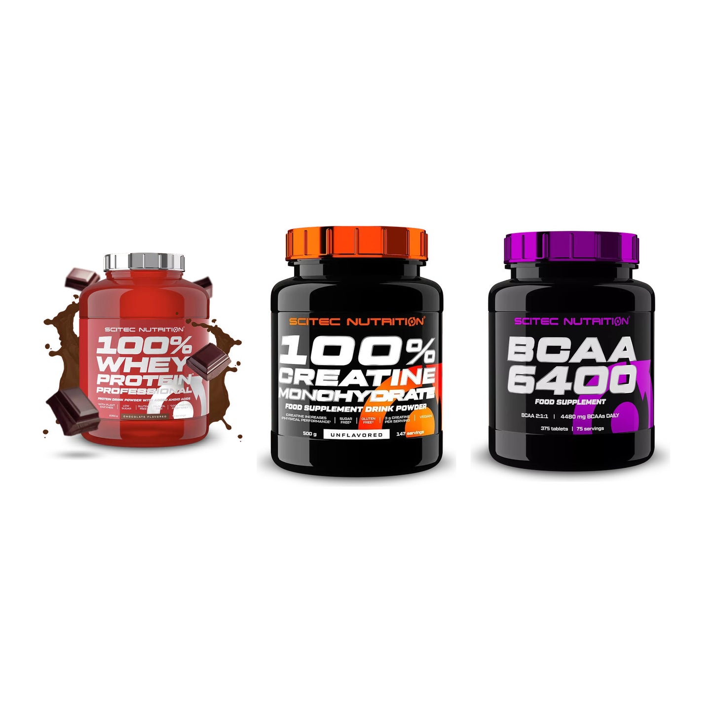 Scitec Nutrition Marken-Trio: 100% Whey + Creatine + 1 weitere – alle enthaltenen Artikel