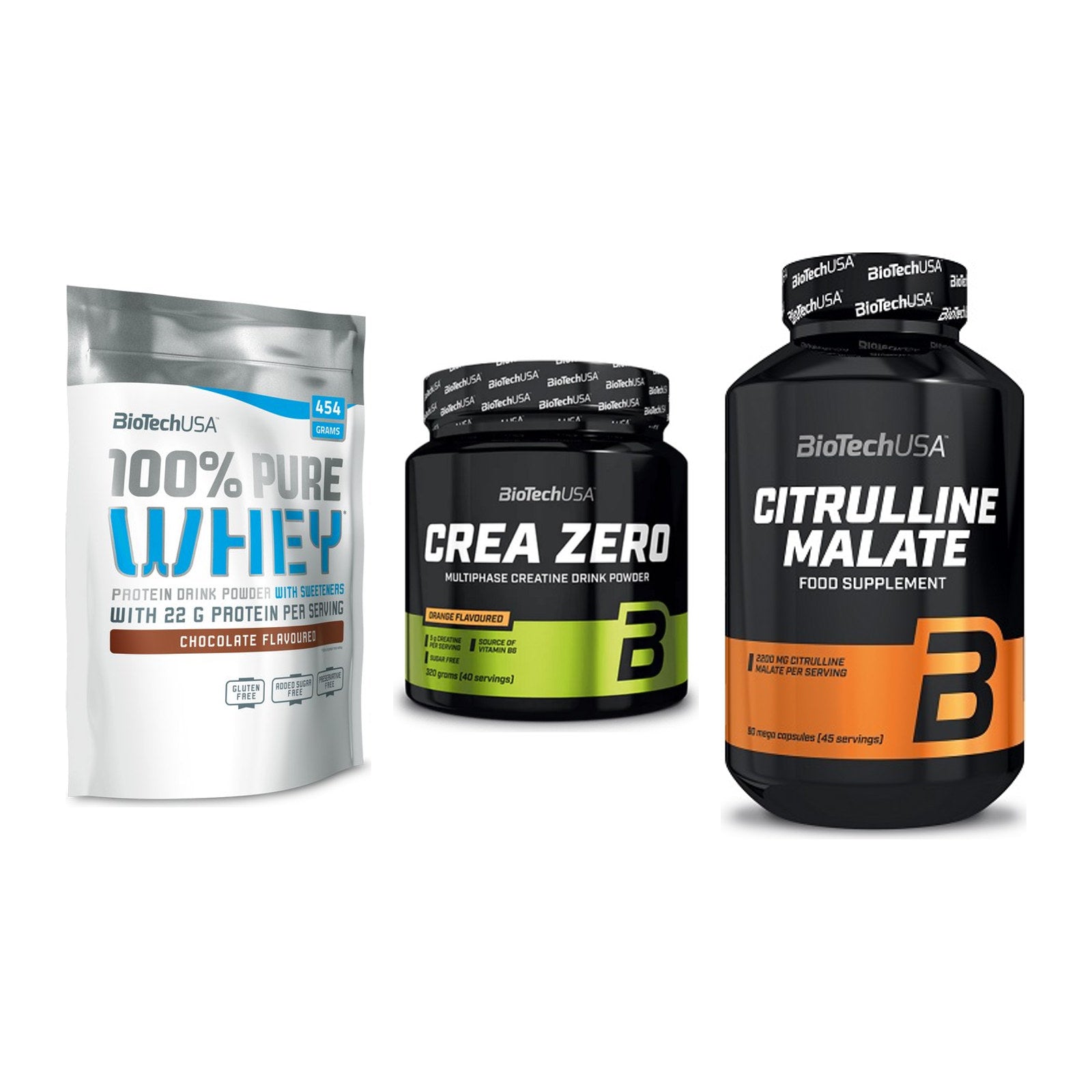 BioTech USA Marken-Trio: 100% Pure + Crea Zero + Citrulline – alle enthaltenen Artikel