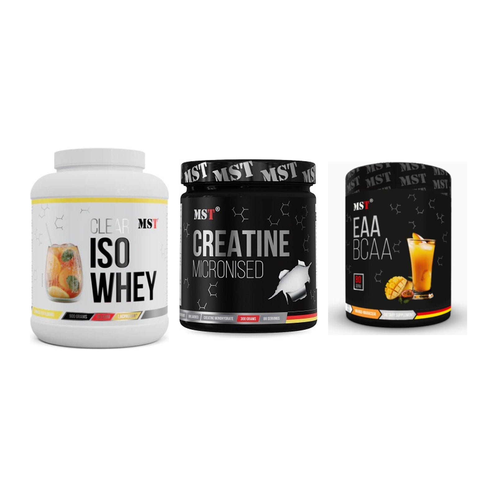 MST Marken-Trio: Iso Clear + Creatin Monohydrate + EAA & BCAA – alle enthaltenen Artikel
