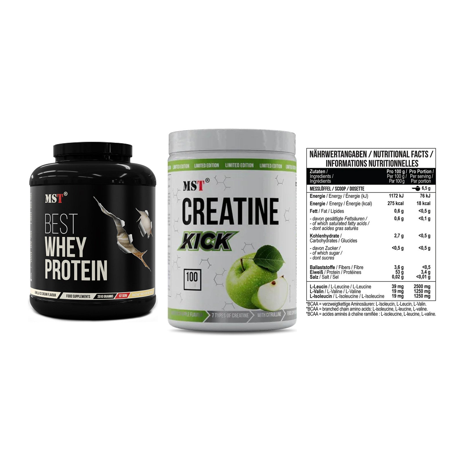 MST Marken-Trio: Best Whey + Creatine Kick + BCAA Zero 300g – alle enthaltenen Artikel