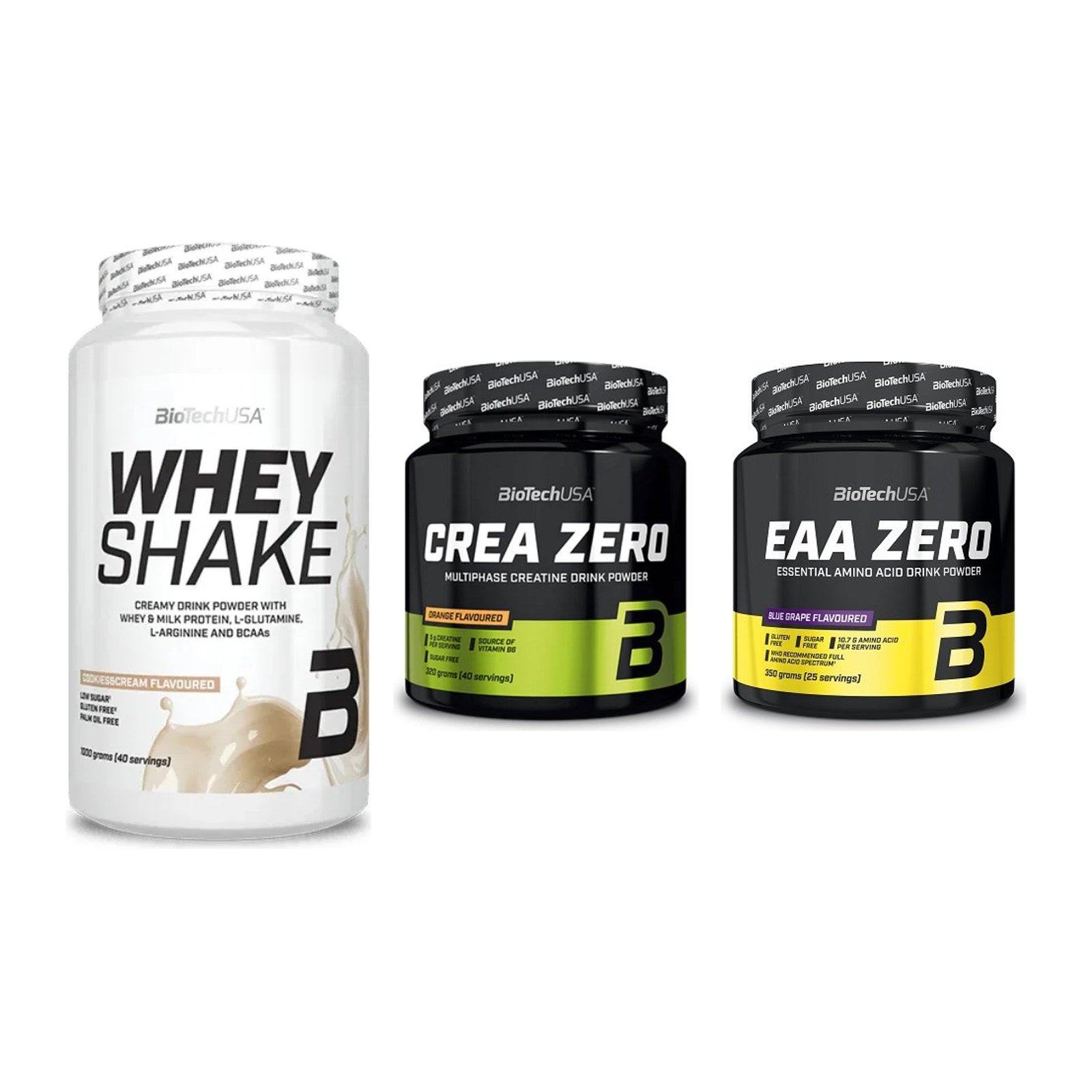 BioTech USA Marken-Trio: Whey Shake + Crea Zero + EAA Zero 350g – alle enthaltenen Artikel