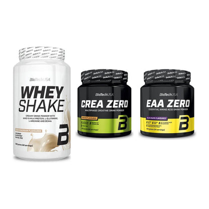 BioTech USA Marken-Trio: Whey Shake + Crea Zero + EAA Zero 350g – alle enthaltenen Artikel