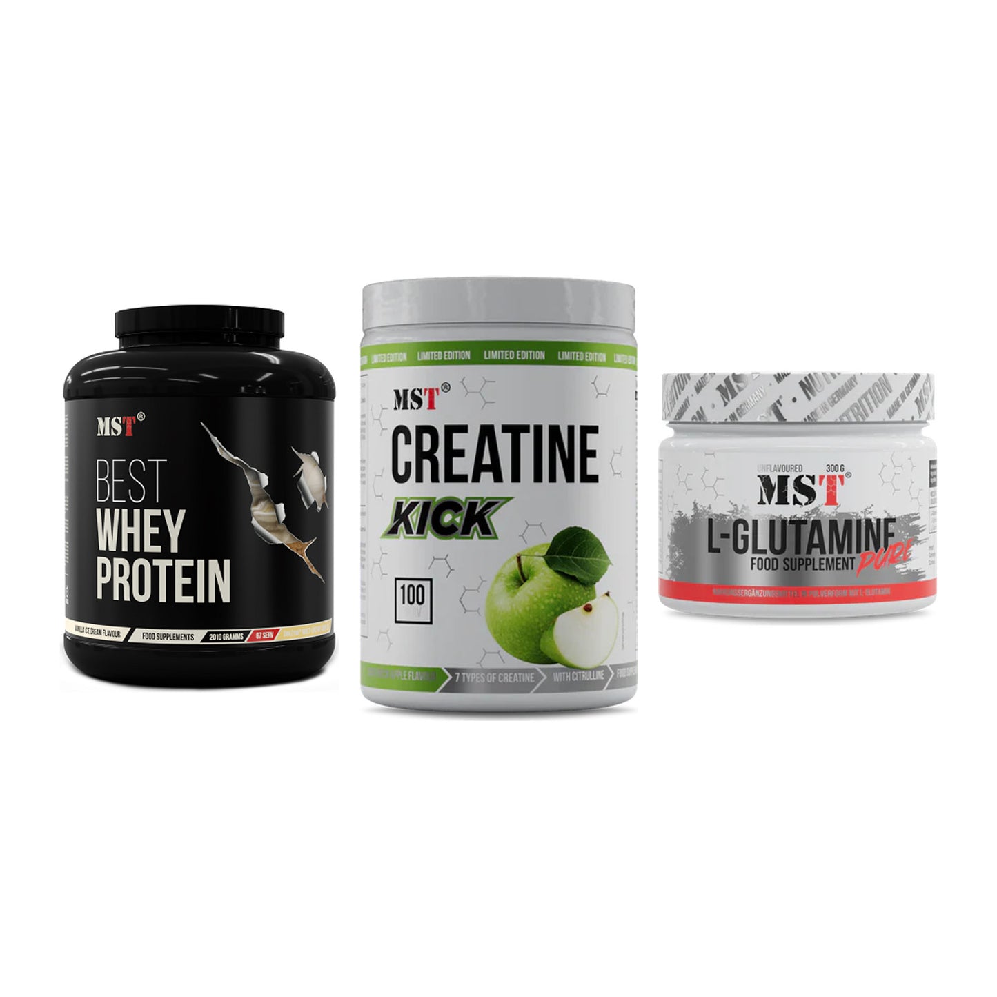 MST Marken-Trio: Best Whey Protein + Creatine Kick + Glutamine – alle enthaltenen Artikel