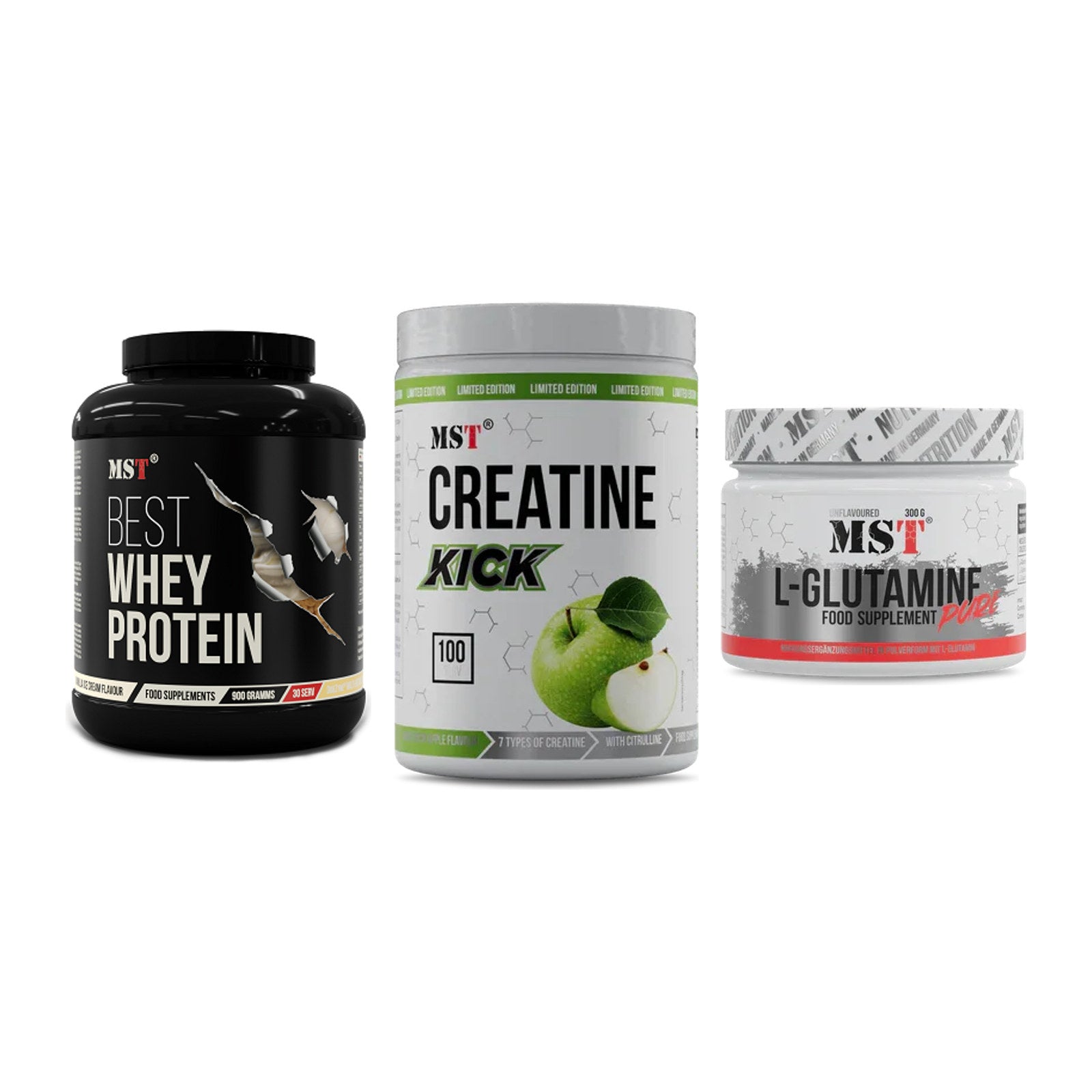 MST Marken-Trio: Best Whey Protein + Creatine Kick + Glutamine – alle enthaltenen Artikel