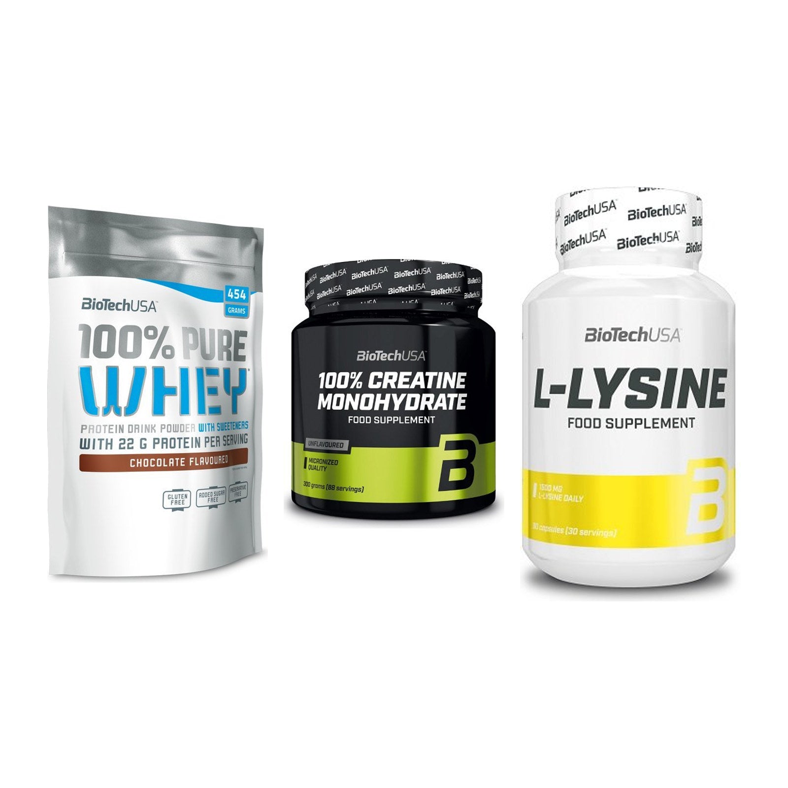 BioTech USA Marken-Trio: 100% Pure + Creatine + L-Lysine – alle enthaltenen Artikel