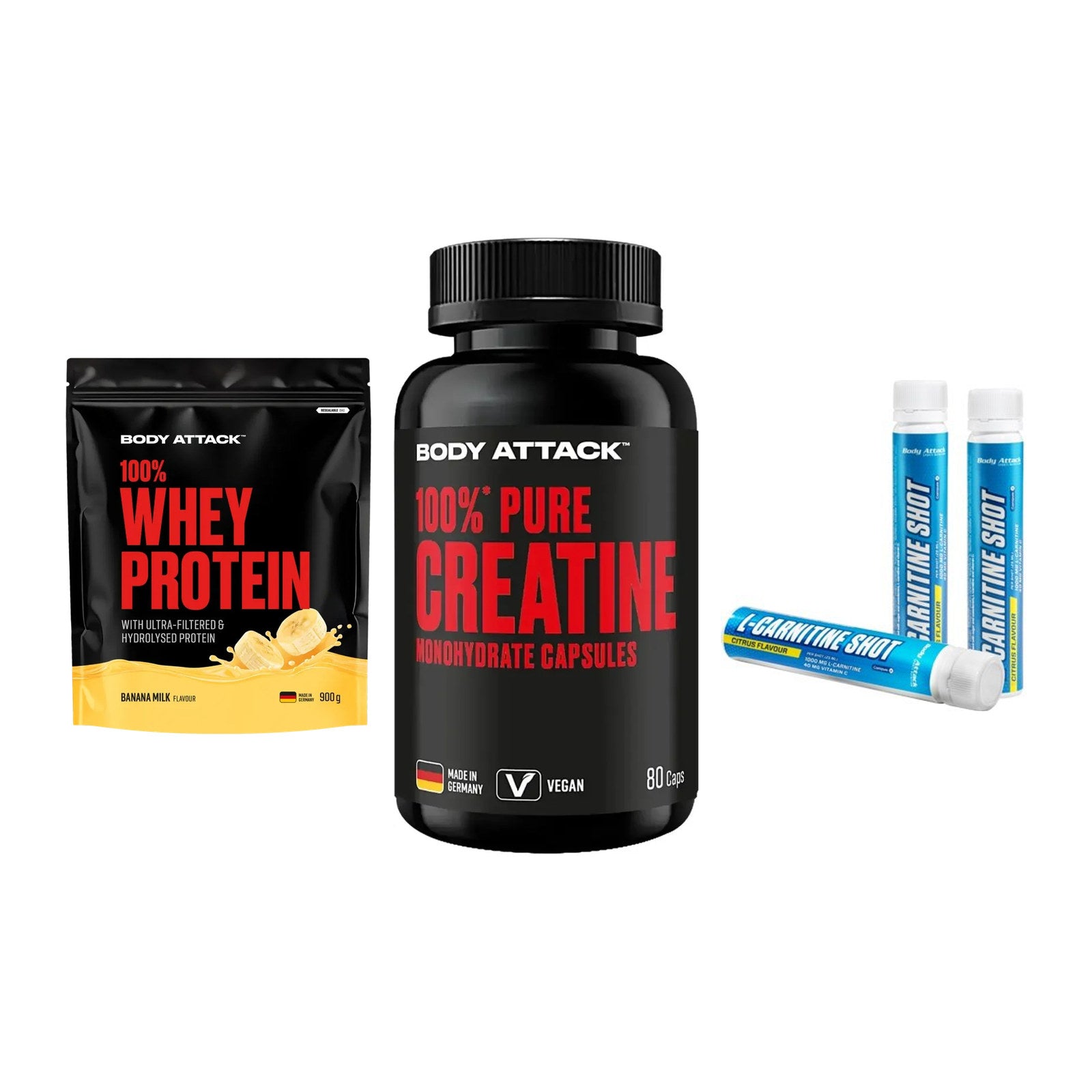 Body Attack Marken-Trio: Attack 100% Whey Protein 900g + 2 weitere – alle enthaltenen Artikel