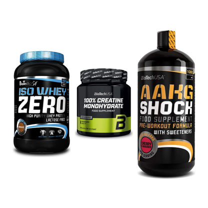 BioTech USA Marken-Trio: Iso Whey Zero + Creatine + AAKG Shock – alle enthaltenen Artikel