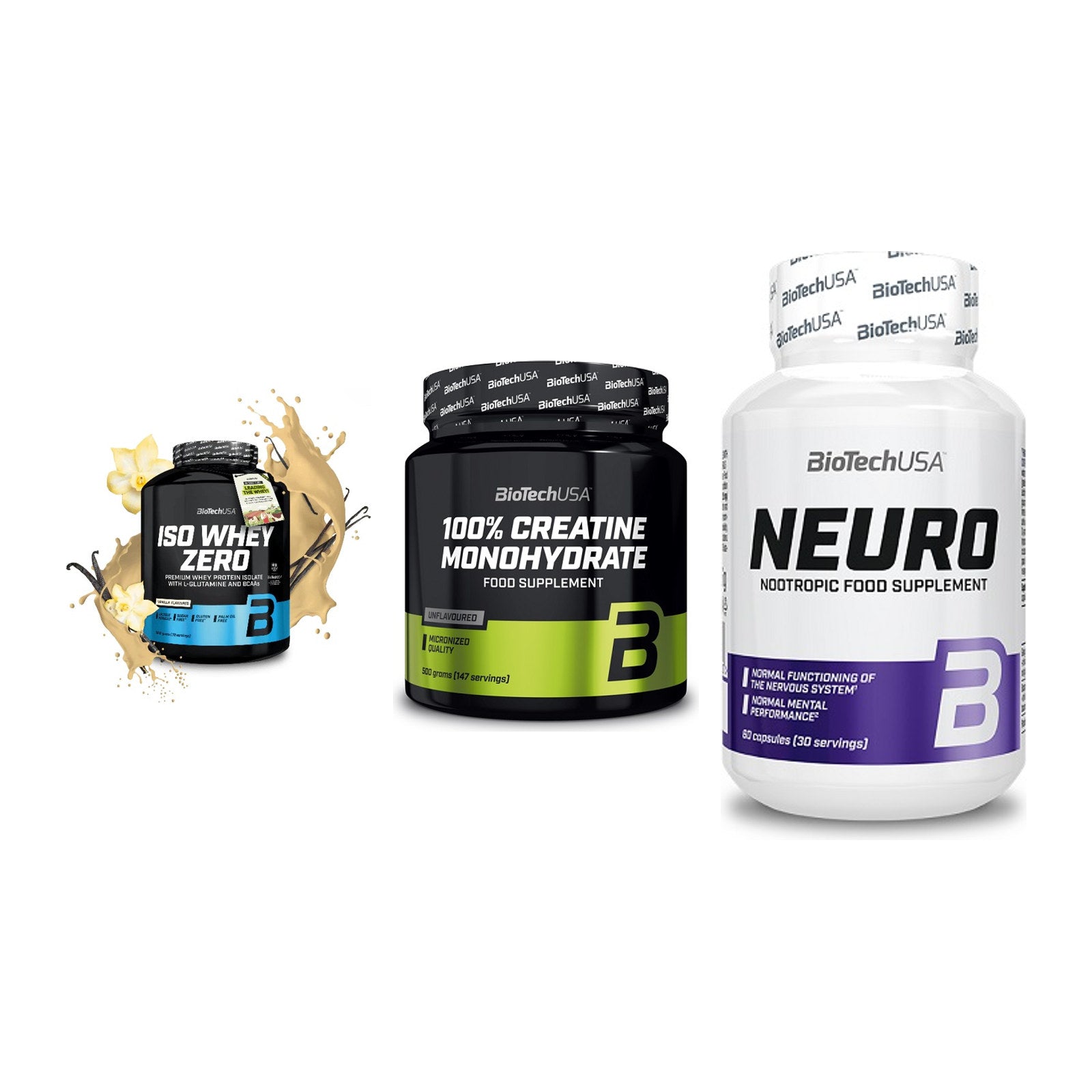 BioTech USA Marken-Trio: Iso Whey Zero + Creatine Monohydrate + Neuro – alle enthaltenen Artikel
