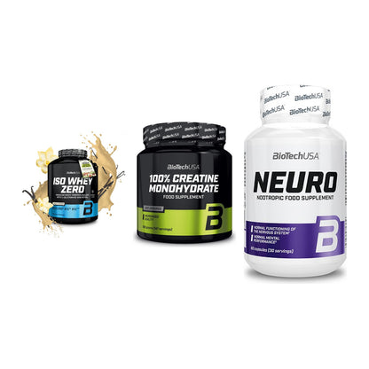 BioTech USA Marken-Trio: Iso Whey Zero + Creatine Monohydrate + Neuro – alle enthaltenen Artikel