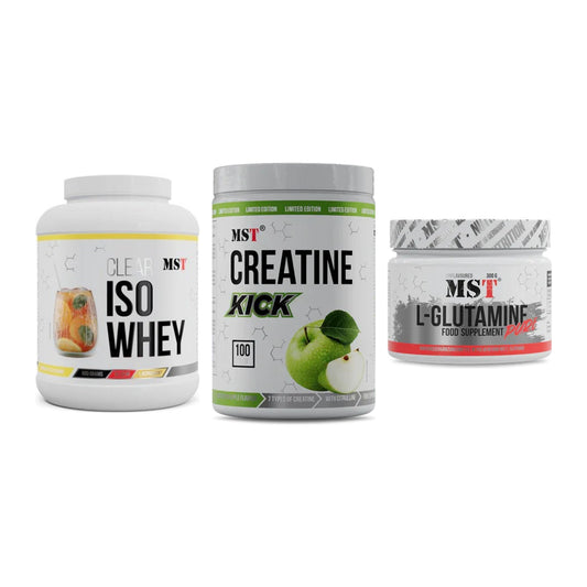 MST Marken-Trio: Iso Clear 900g + Creatine Kick + Glutamine – alle enthaltenen Artikel