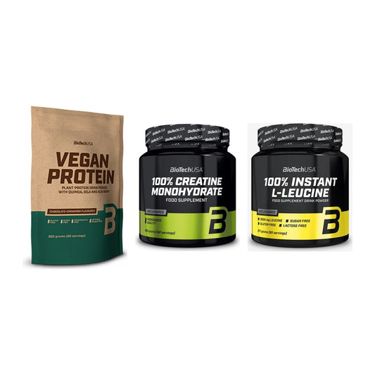 BioTech USA Marken-Trio: Vegan Protein + Creatine + 100% Instant – alle enthaltenen Artikel