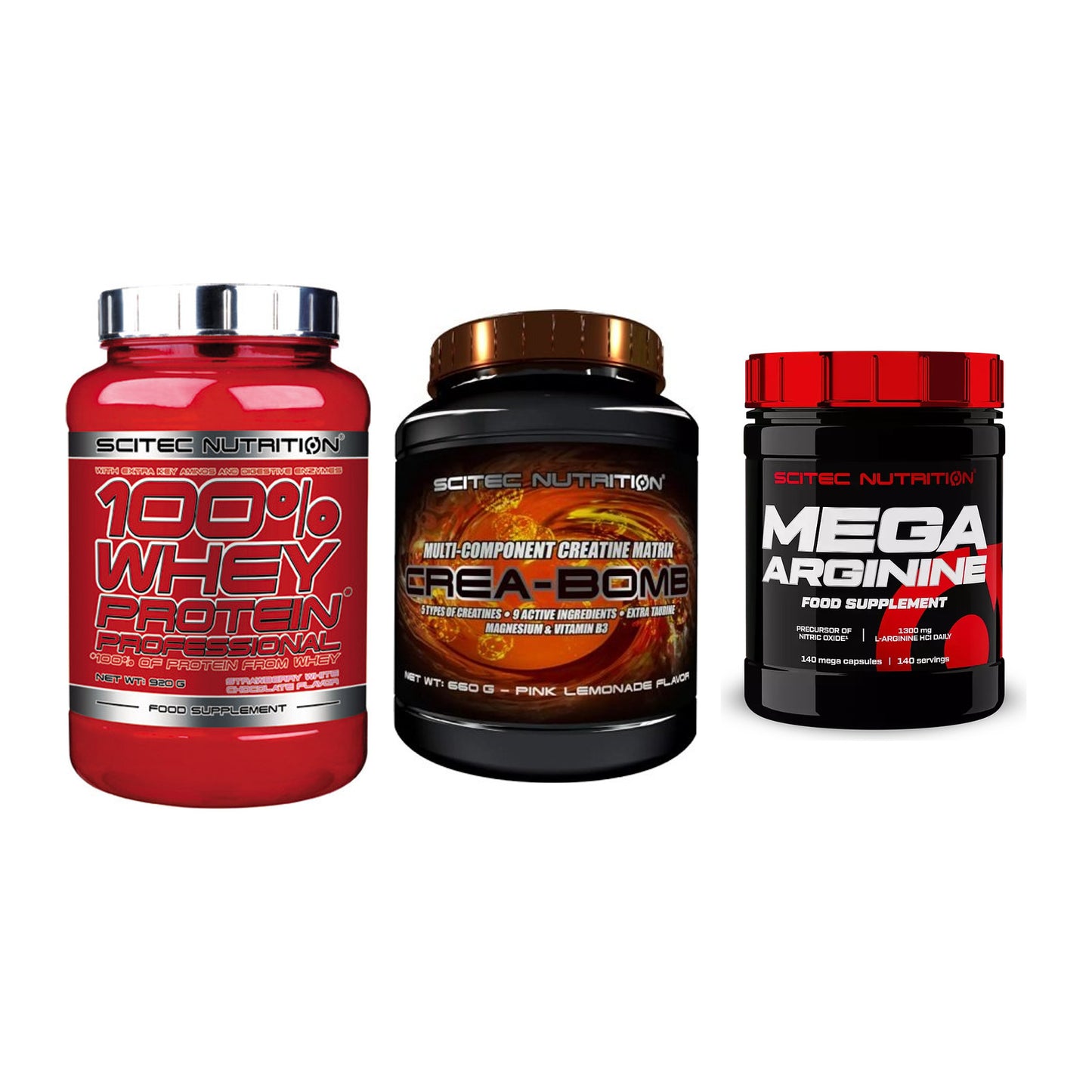 Scitec Nutrition Marken-Trio: 100% Whey + Crea-Bomb + 1 weitere – alle enthaltenen Artikel