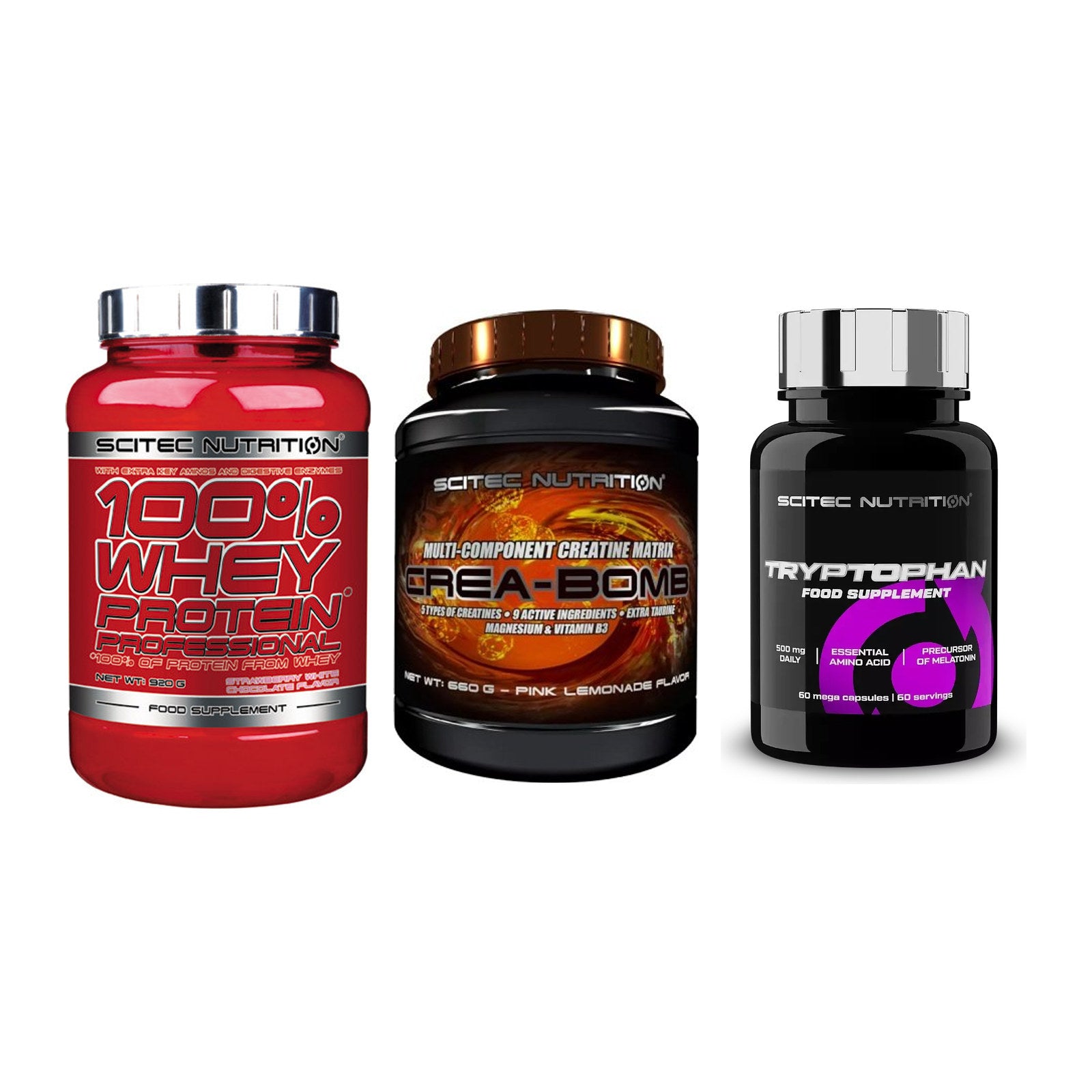 Scitec Nutrition Marken-Trio: 100% Whey + Crea-Bomb + 1 weitere – alle enthaltenen Artikel