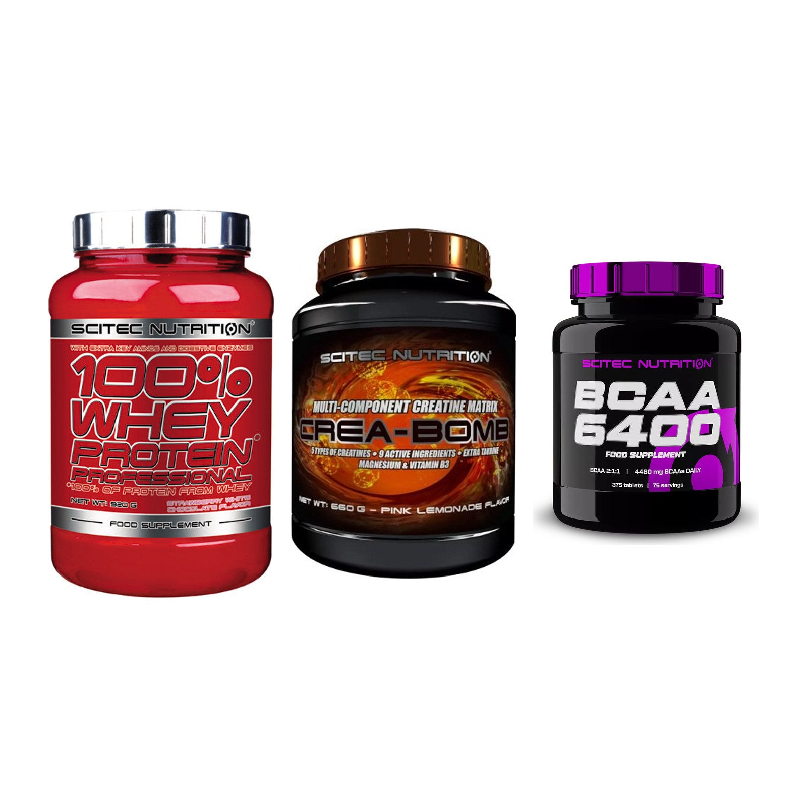 Scitec Nutrition Marken-Trio: 100% Whey + Crea-Bomb + 1 weitere – alle enthaltenen Artikel