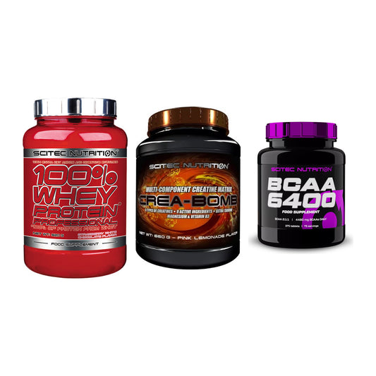 Scitec Nutrition Marken-Trio: 100% Whey + Crea-Bomb + 1 weitere – alle enthaltenen Artikel
