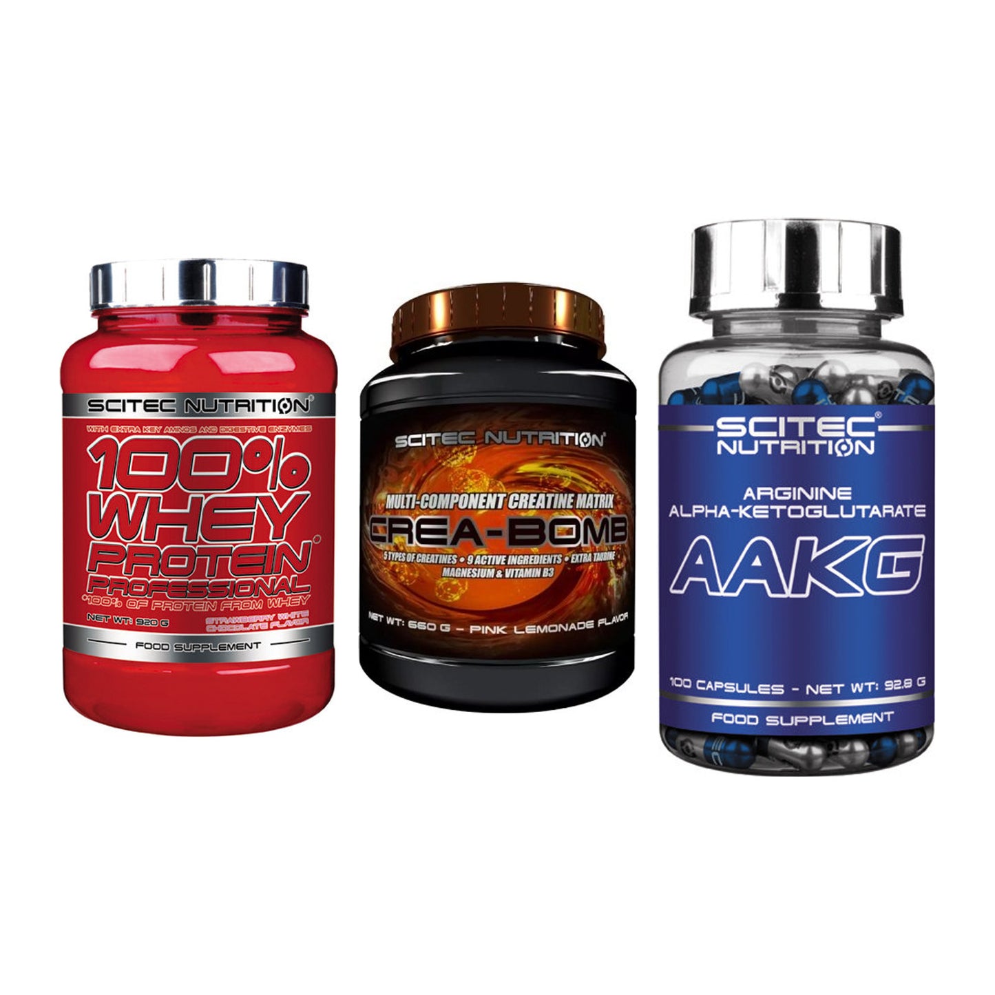 Scitec Nutrition Marken-Trio: 100% Whey + Crea-Bomb + 1 weitere – alle enthaltenen Artikel