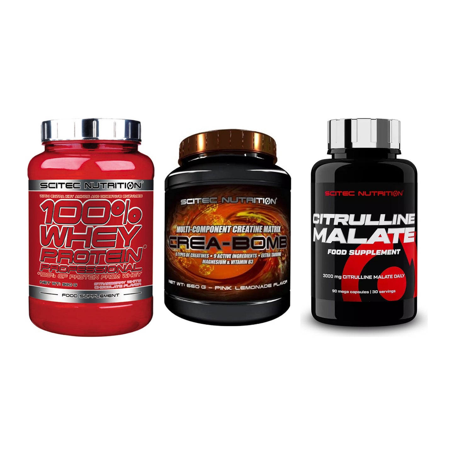Scitec Nutrition Marken-Trio: 100% Whey + Crea-Bomb + 1 weitere – alle enthaltenen Artikel