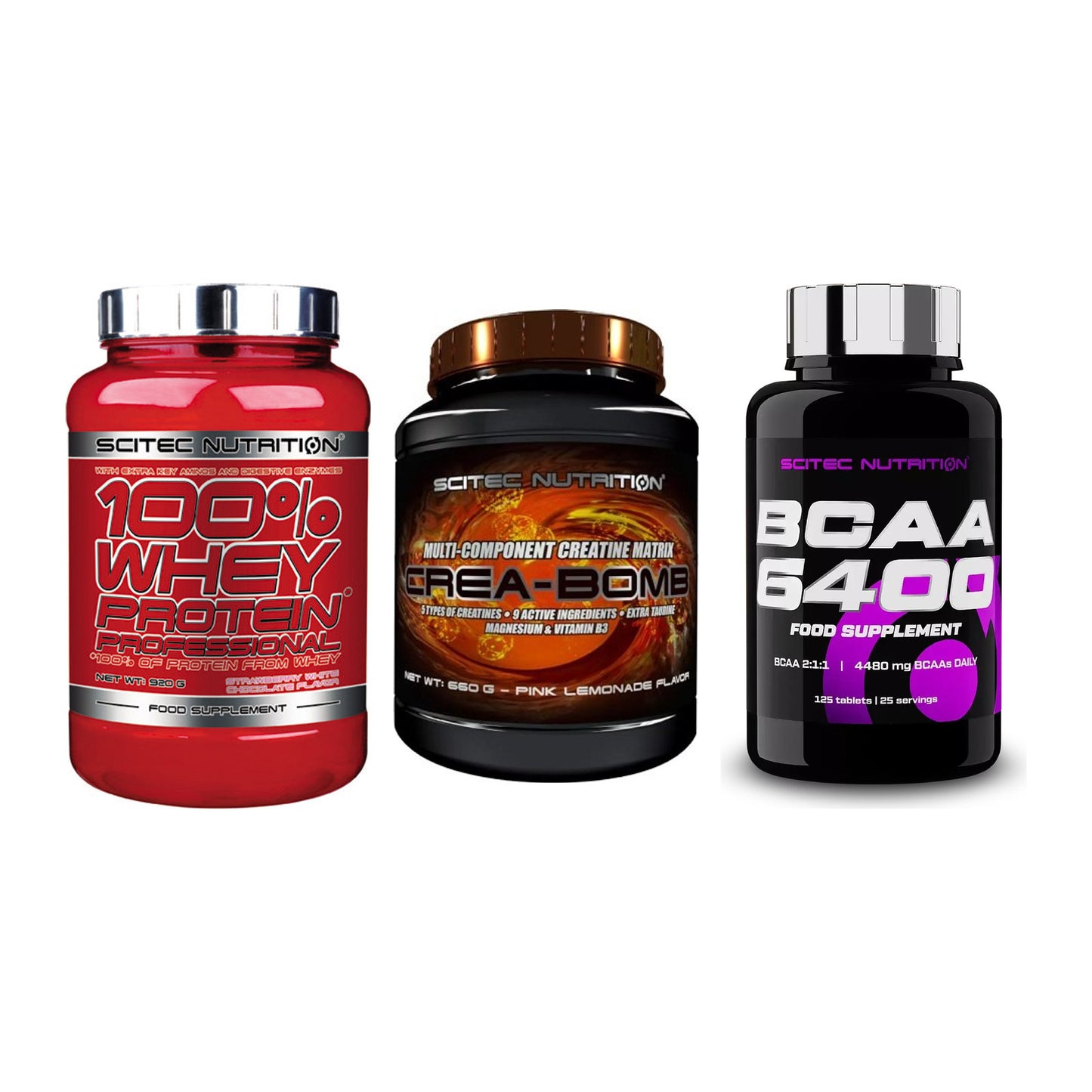 Scitec Nutrition Marken-Trio: 100% Whey + Crea-Bomb + 1 weitere – alle enthaltenen Artikel