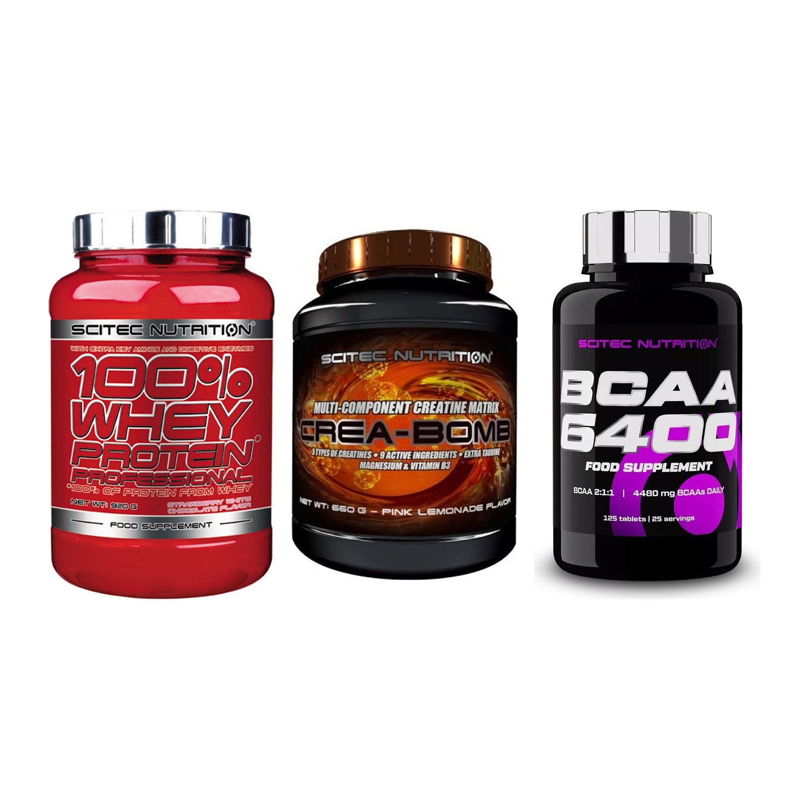 Scitec Nutrition Marken-Trio: 100% Whey + Crea-Bomb + 1 weitere – alle enthaltenen Artikel