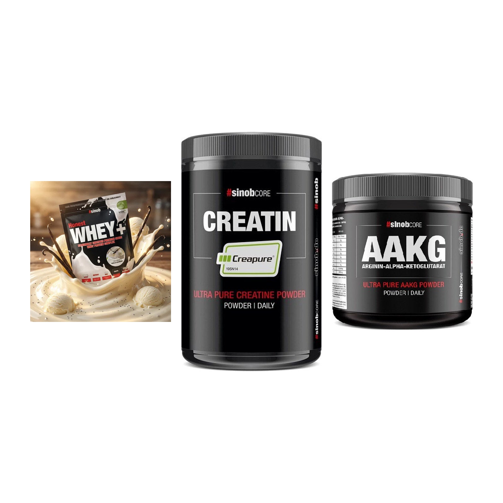 Sinob Marken-Trio: Honest Whey+ + Creatin CREAPUR + Core Arginin – alle enthaltenen Artikel