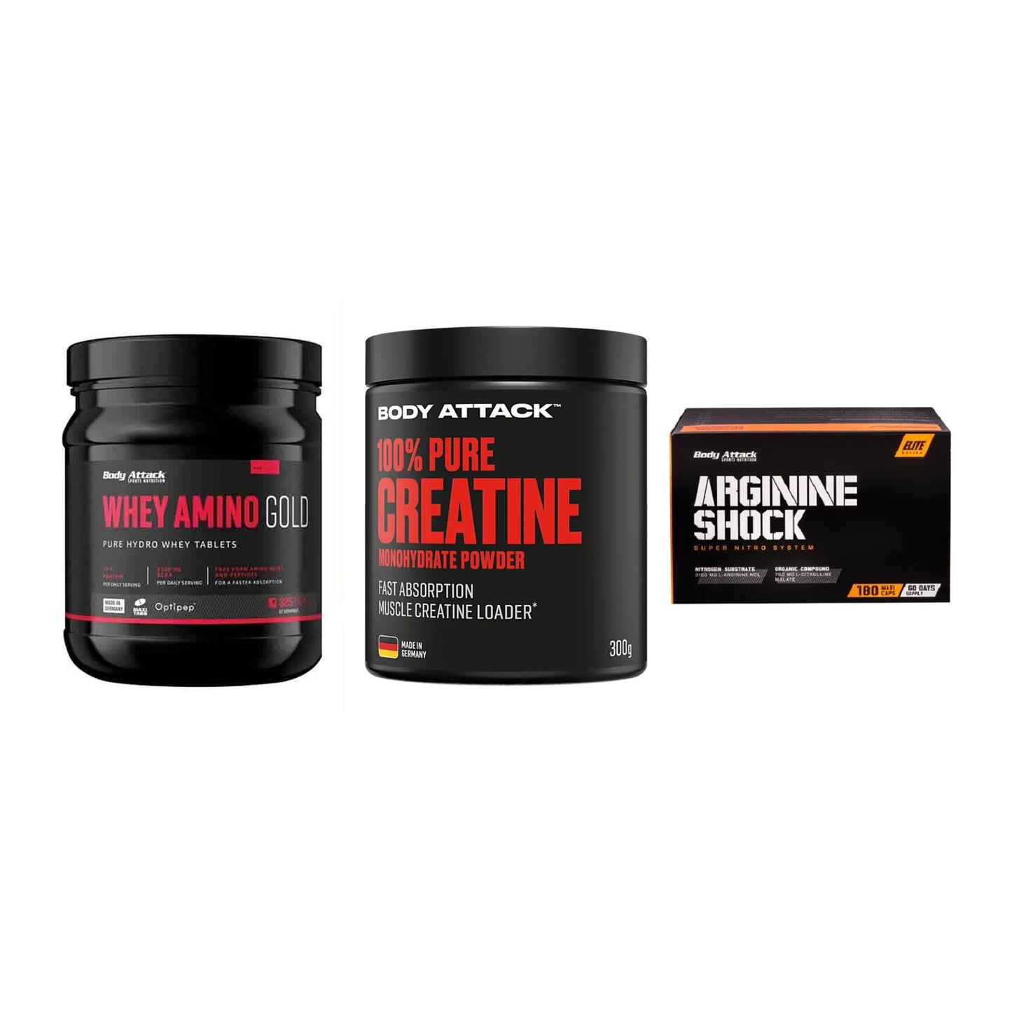 Body Attack Marken-Trio: Attack Whey + Attack 100% + Attack Argini – alle enthaltenen Artikel