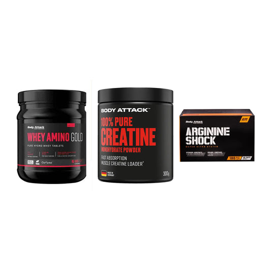 Body Attack Marken-Trio: Attack Whey + Attack 100% + Attack Argini – alle enthaltenen Artikel