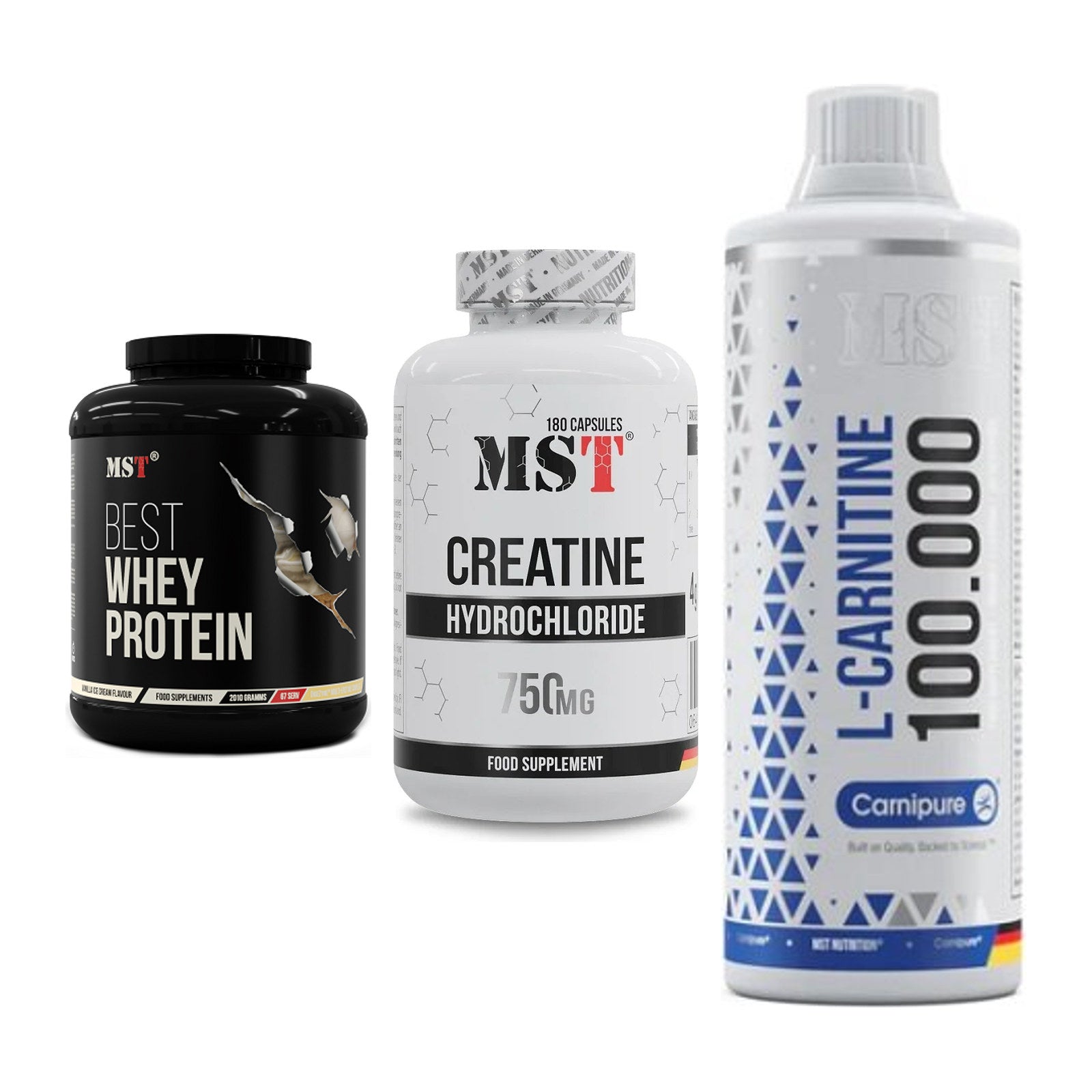 MST Marken-Trio: Best Whey + Creatine HCL + L-Carnitine – alle enthaltenen Artikel