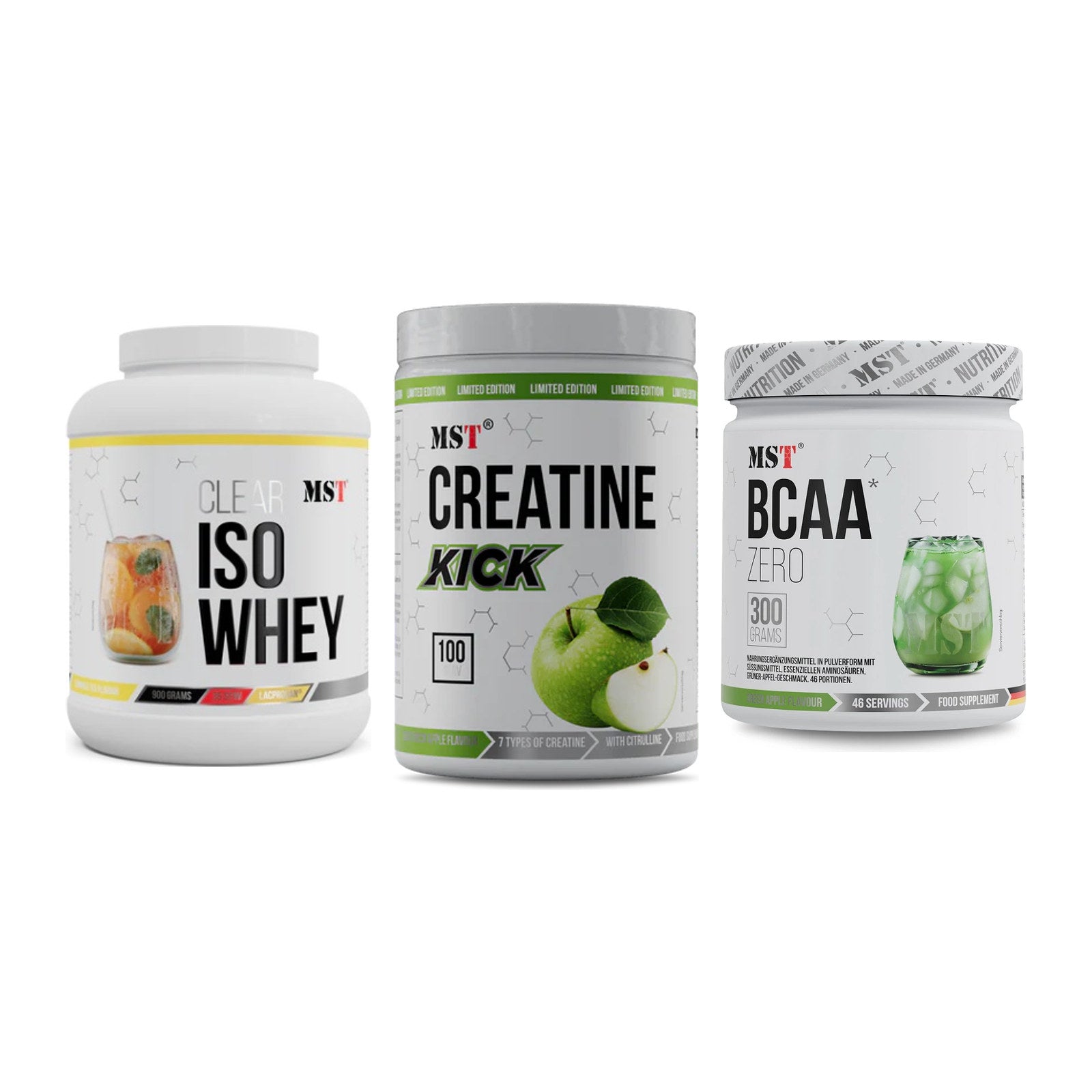 MST Marken-Trio: Iso Clear + Creatine Kick + BCAA Zero – alle enthaltenen Artikel
